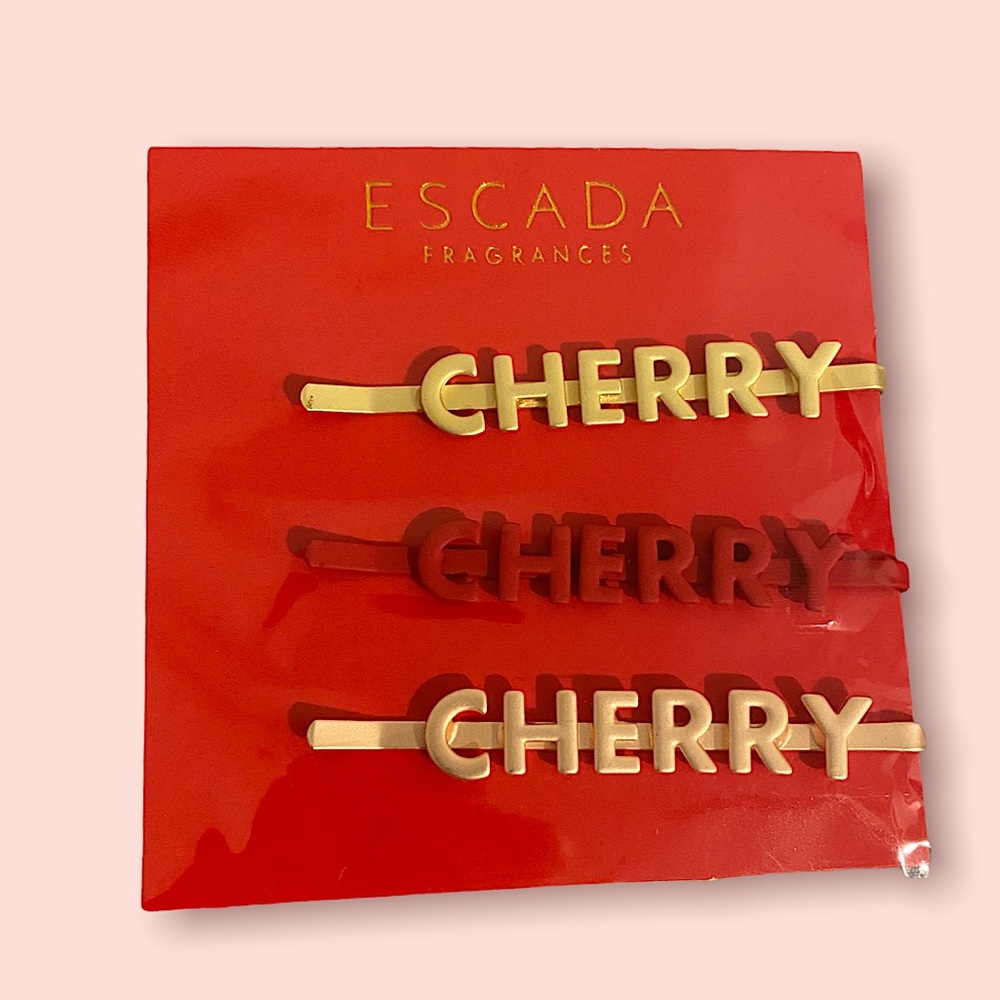 CHERRY HAIR PINS ESCADA Rose Gold Red Trio Bobby Pins